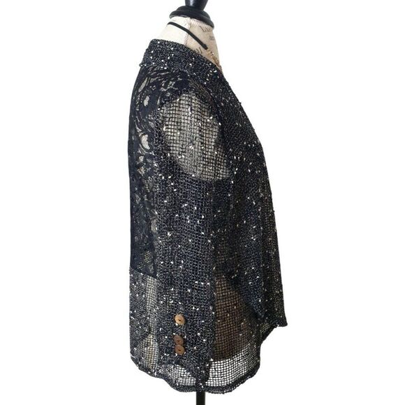 Frazzle Black Open Mesh Open-Front Cardigan M Lace Crochet Button Accents - Picture 2 of 7